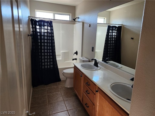 full bathroom featuring toilet, vanity, and shower / tub combo with curtain