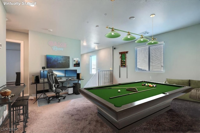 recreation room featuring carpet and billiards