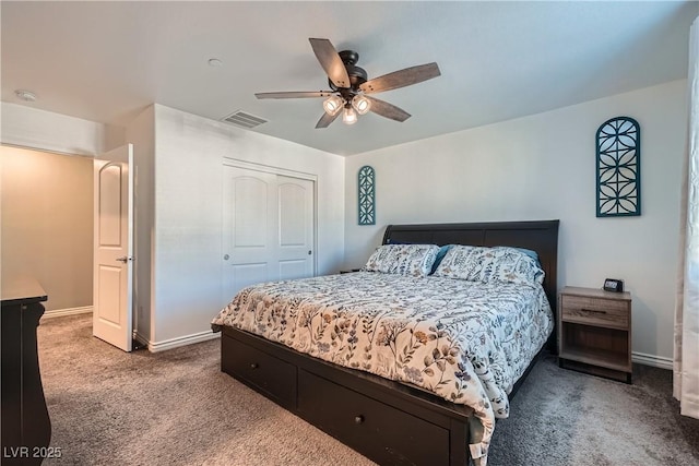 carpeted bedroom featuring ceiling fan and a closet