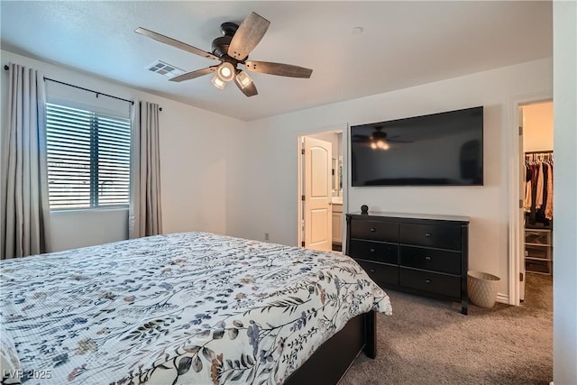 bedroom with ceiling fan, carpet flooring, a spacious closet, connected bathroom, and a closet