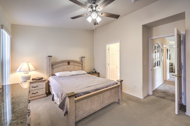 bedroom featuring ceiling fan and light colored carpet