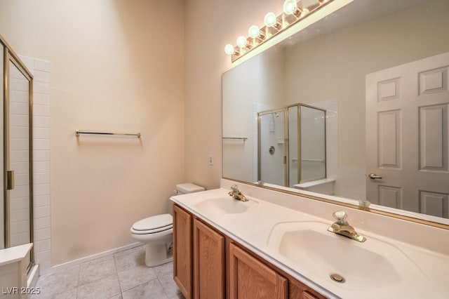 bathroom featuring tile patterned flooring, vanity, an enclosed shower, and toilet