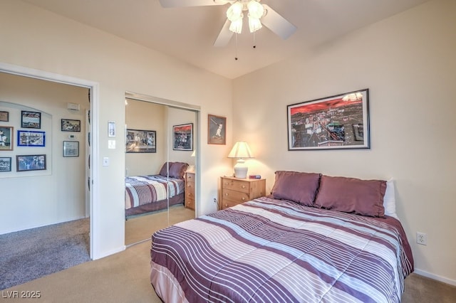 bedroom featuring light carpet, a closet, and ceiling fan