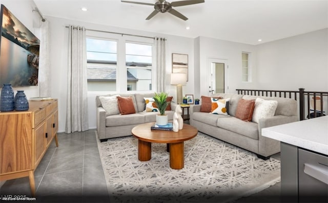 living room with ceiling fan