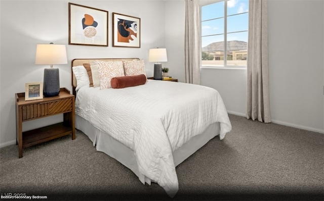 carpeted bedroom with a mountain view