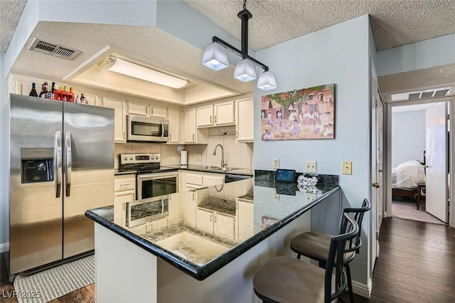 kitchen featuring a raised ceiling, kitchen peninsula, hanging light fixtures, and appliances with stainless steel finishes