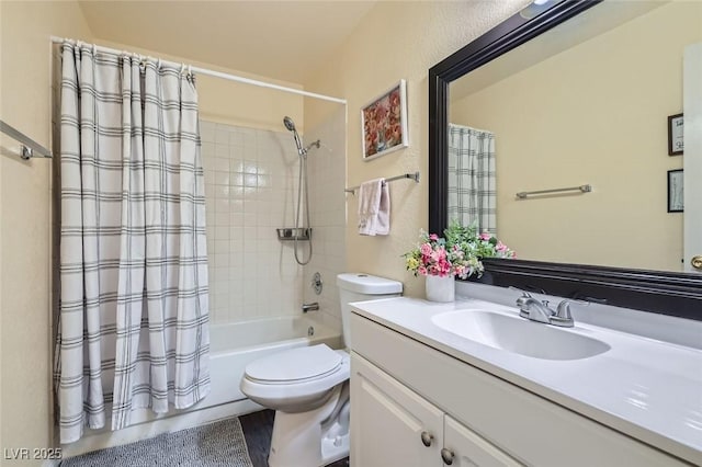 full bathroom with vanity, toilet, and shower / bathtub combination with curtain