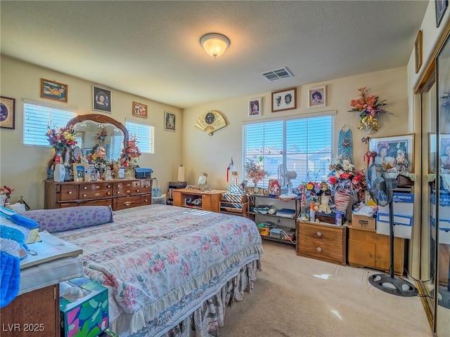 carpeted bedroom with a textured ceiling and multiple windows