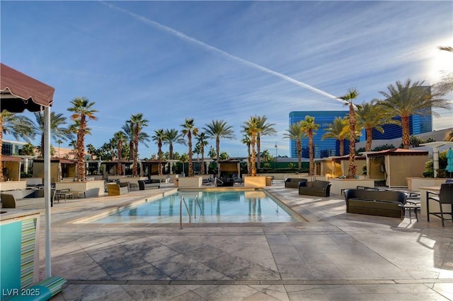 view of swimming pool featuring a patio area