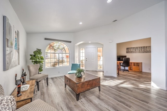 living room featuring light wood-type flooring and vaulted ceiling