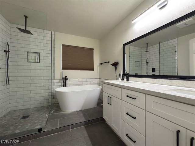 bathroom with separate shower and tub, tile patterned flooring, and vanity