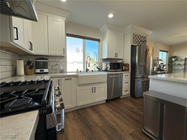 kitchen featuring dark wood-type flooring, sink, white cabinets, and stainless steel appliances