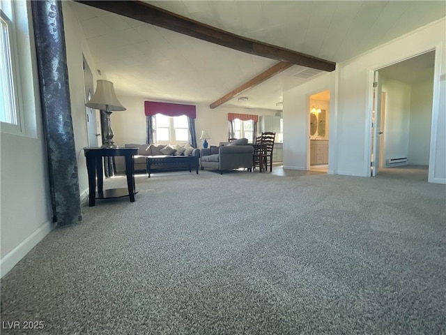 living room featuring carpet flooring, a baseboard radiator, and beamed ceiling