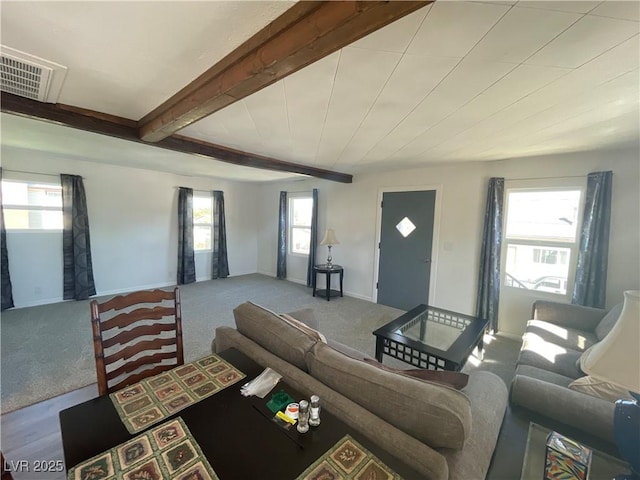 living room featuring beam ceiling and carpet