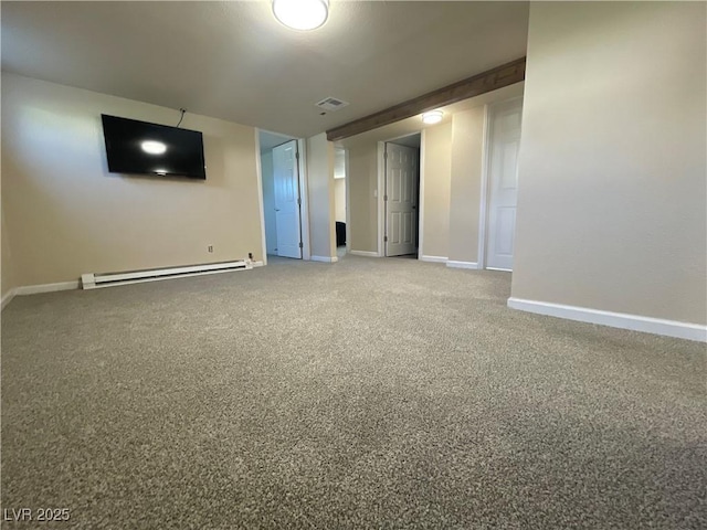 carpeted empty room with a baseboard heating unit