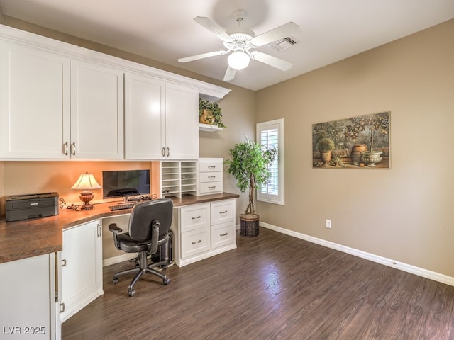 office with ceiling fan, dark wood-type flooring, and built in desk