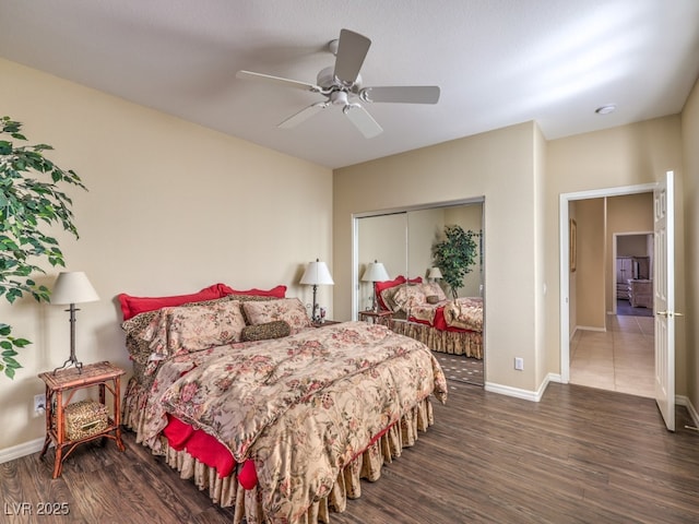 bedroom featuring ceiling fan, a closet, and dark hardwood / wood-style floors