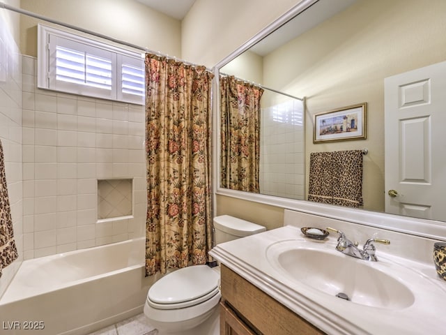 full bathroom featuring toilet, vanity, and shower / bath combo