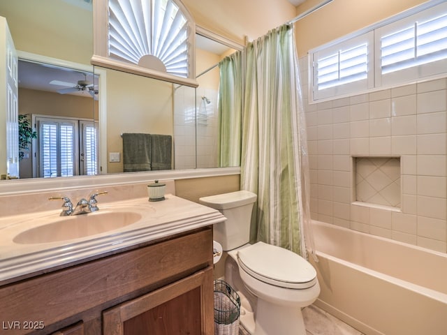 full bathroom featuring ceiling fan, shower / tub combo, a wealth of natural light, and vanity