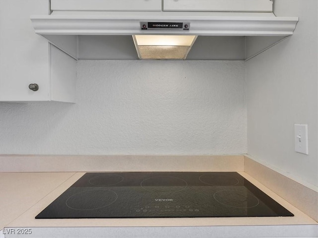 interior details with ventilation hood and black electric cooktop