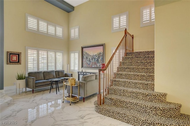 staircase with a towering ceiling