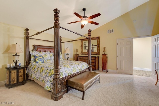 bedroom featuring carpet, ceiling fan, and vaulted ceiling