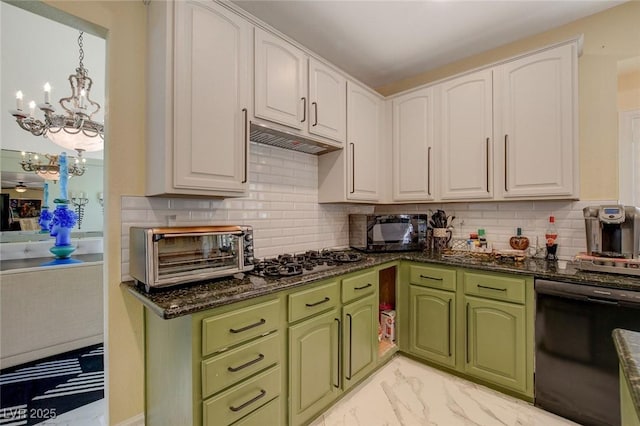 kitchen featuring a chandelier, ventilation hood, pendant lighting, black dishwasher, and white cabinetry