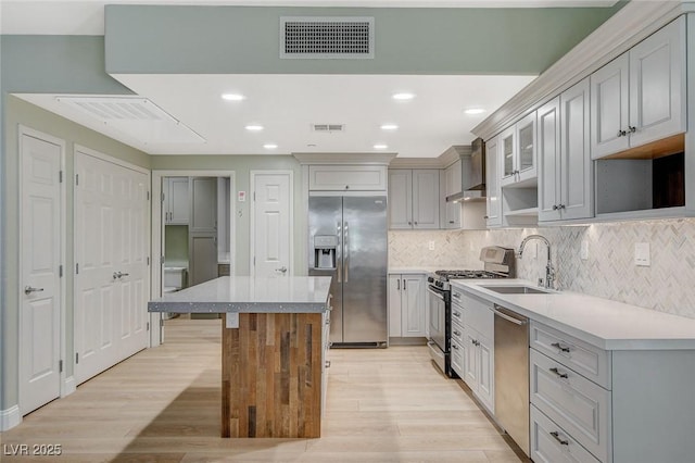 kitchen featuring a center island, stainless steel appliances, wall chimney range hood, gray cabinets, and sink