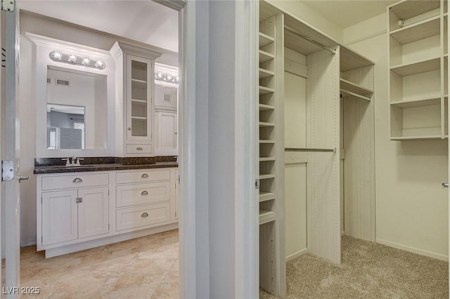 walk in closet featuring sink and light colored carpet