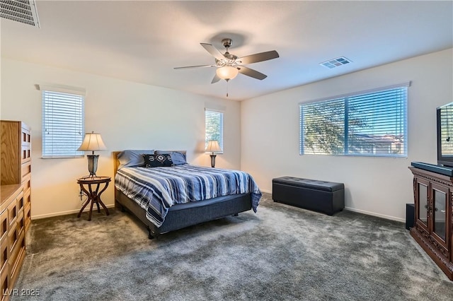 carpeted bedroom featuring ceiling fan