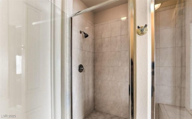 bathroom with a shower with shower door