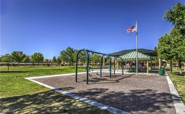 view of play area featuring a gazebo and a yard