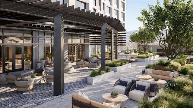 view of patio / terrace featuring a pergola and outdoor lounge area