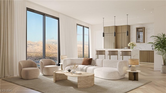 living room with light parquet flooring and a mountain view