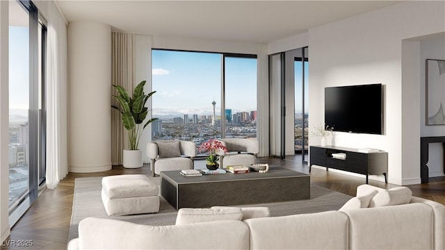 living room with parquet floors