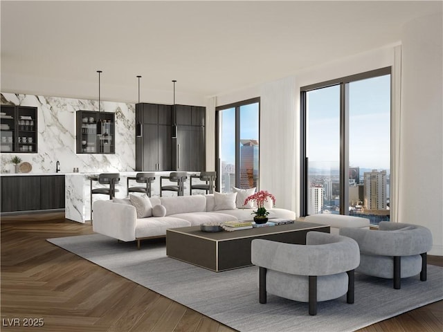 living room featuring dark parquet flooring