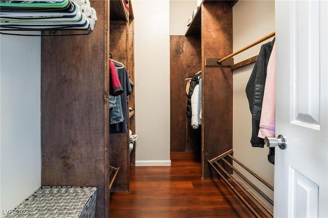 walk in closet with dark wood-type flooring