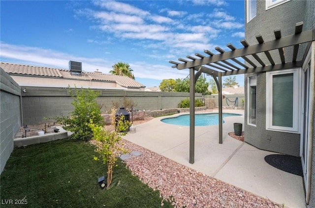 view of pool featuring cooling unit, a patio area, and a pergola