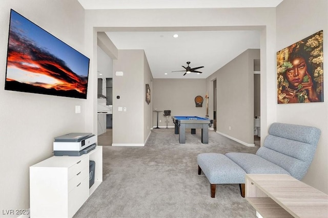 playroom featuring pool table, light carpet, and ceiling fan