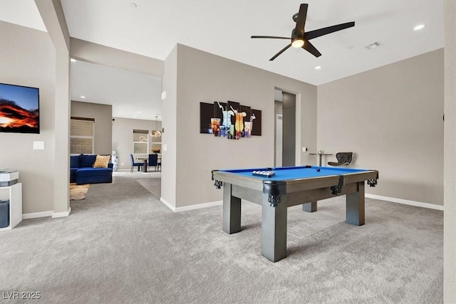 game room featuring ceiling fan, billiards, and carpet floors