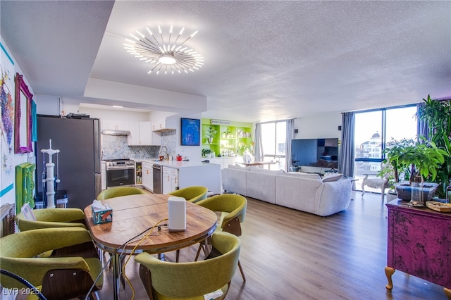 dining area featuring sink, a textured ceiling, a healthy amount of sunlight, and light hardwood / wood-style flooring