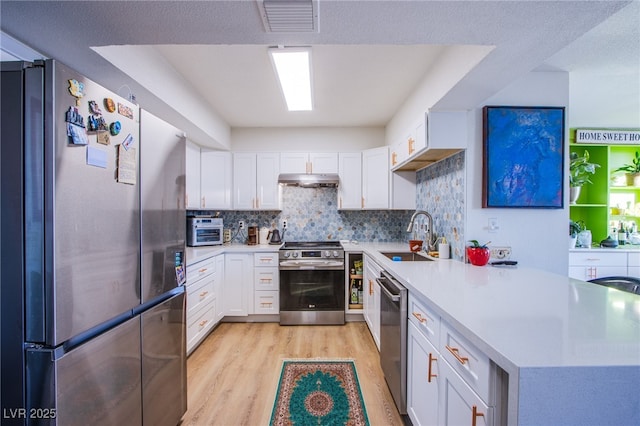 kitchen featuring stainless steel appliances, light wood-type flooring, decorative backsplash, sink, and white cabinetry