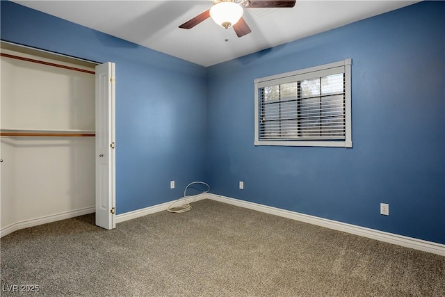 unfurnished bedroom with a closet, ceiling fan, and carpet flooring