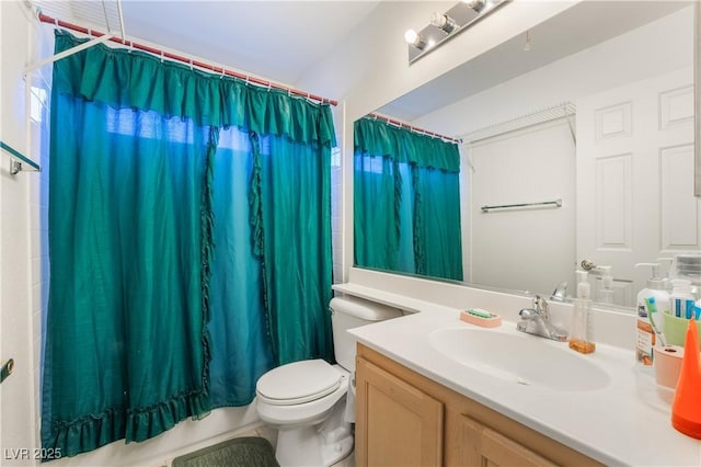 full bathroom with toilet, vanity, and shower / bathtub combination with curtain