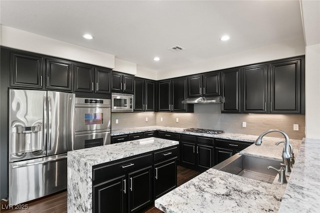 kitchen with appliances with stainless steel finishes, dark hardwood / wood-style flooring, light stone counters, sink, and tasteful backsplash