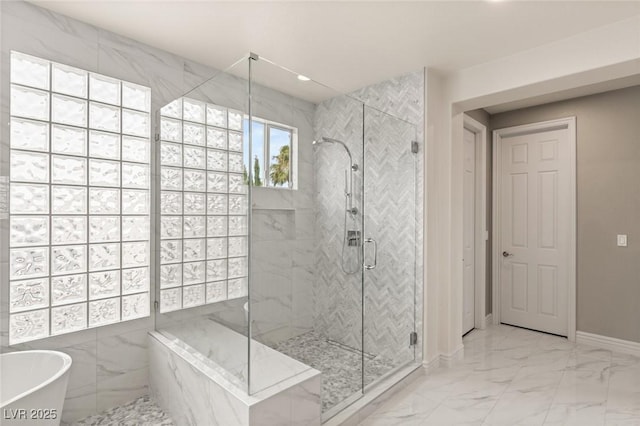 bathroom featuring separate shower and tub