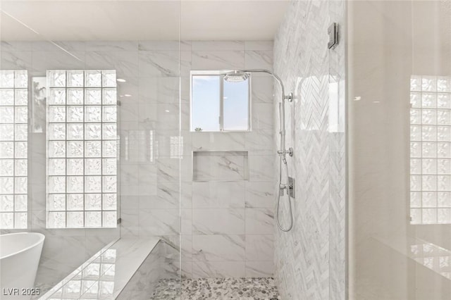 bathroom featuring plus walk in shower