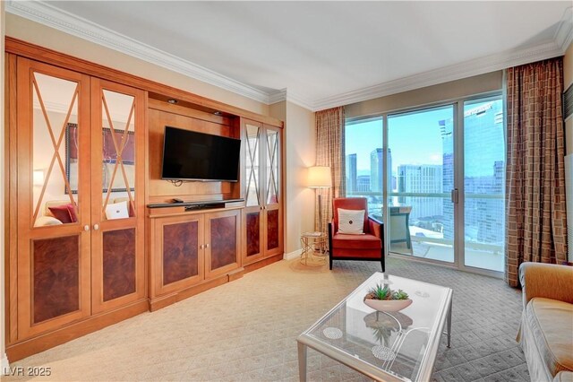 carpeted living room with french doors and crown molding