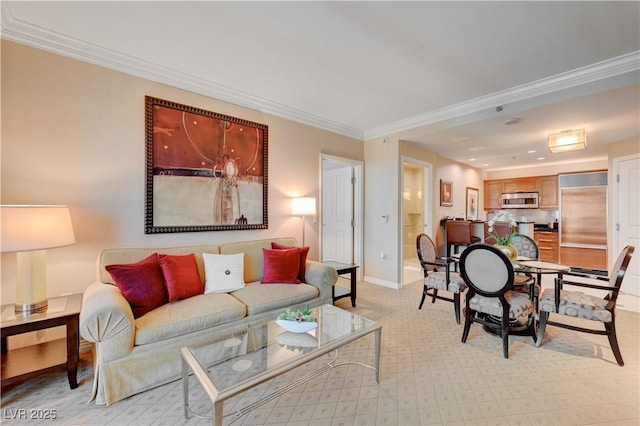 carpeted living room featuring ornamental molding