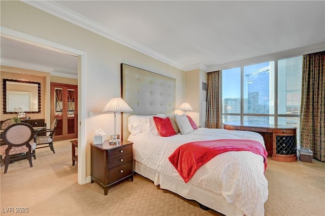 carpeted bedroom featuring ornamental molding